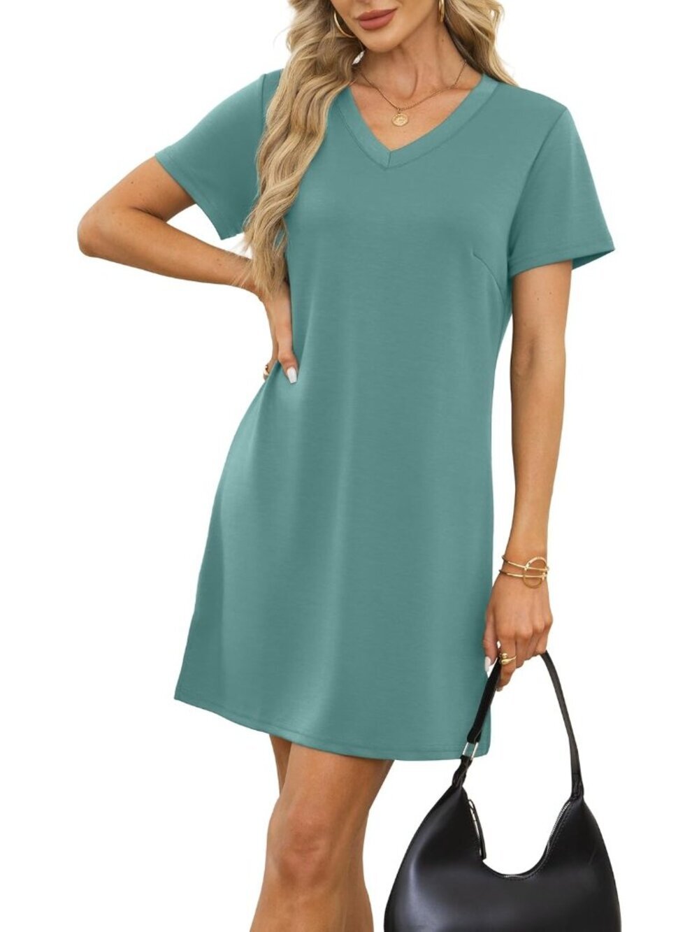 〽️Women's Lake Blue V Neck Casual Summer Sundress Imported Pull On T Shirt